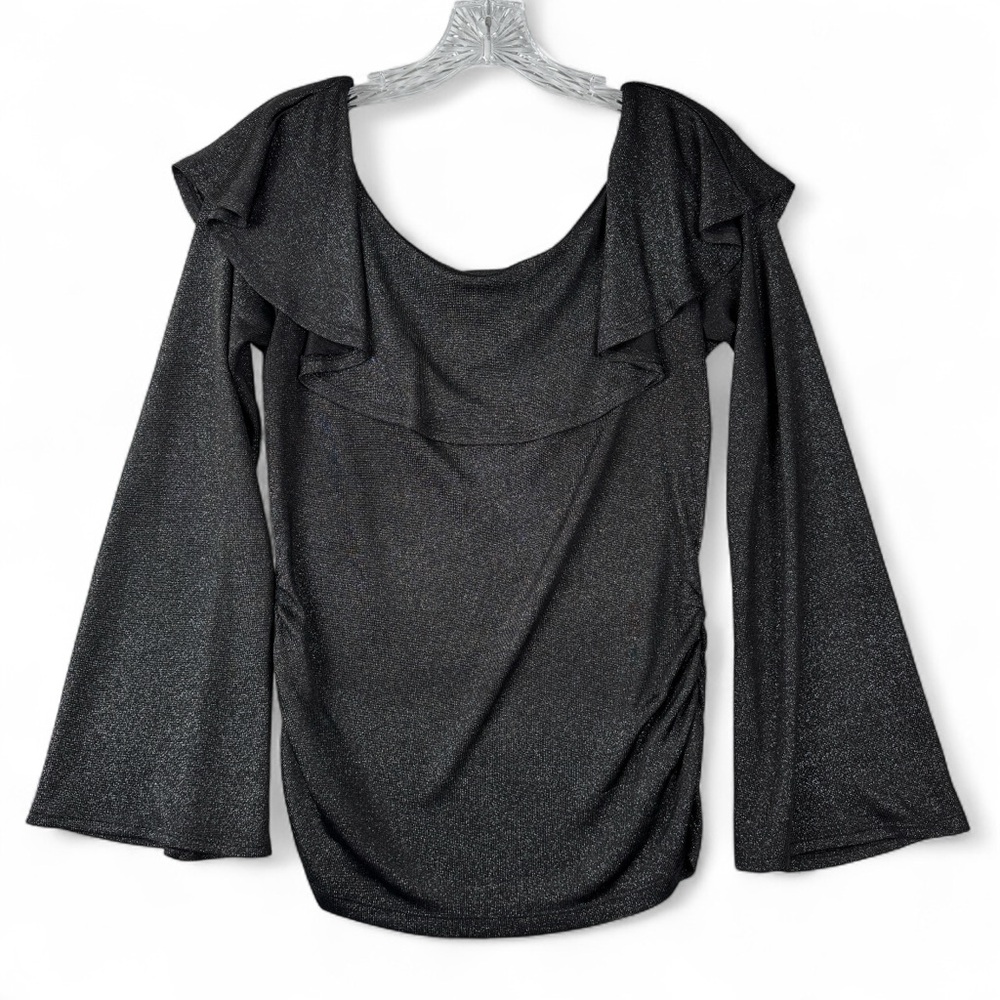 BCX Womens Black Metallic Ruffle Scoop Neck Bell Sleeve Top Large 1046P10